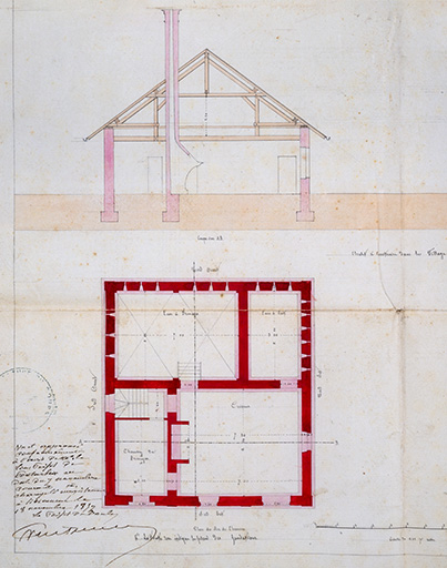 Projet de construction de trois chalets communaux [plan du rez-de-chaussée et coupe transversale], 1859. © Raphaël Favereaux / Région Bourgogne-Franche-Comté, Inventaire du patrimoine - 2019