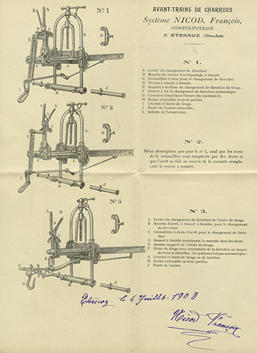 Dépôt de brevets. Avant-trains de charrue, système François Nicod, 1908. © Raphaël Favereaux / Région Bourgogne-Franche-Comté, Inventaire du patrimoine - 2019
