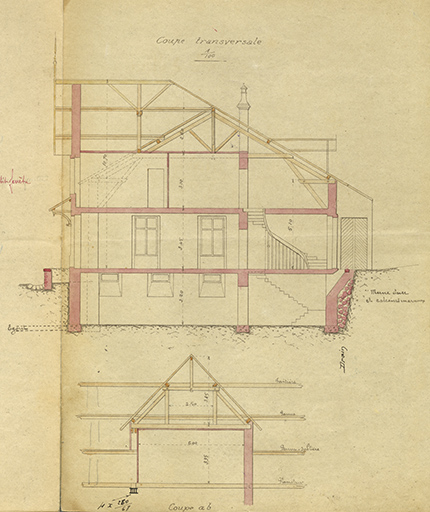 Projet de construction d'un chalet-modèle, coupe transversale, 1906. © Raphaël Favereaux / Région Bourgogne-Franche-Comté, Inventaire du patrimoine - 2019