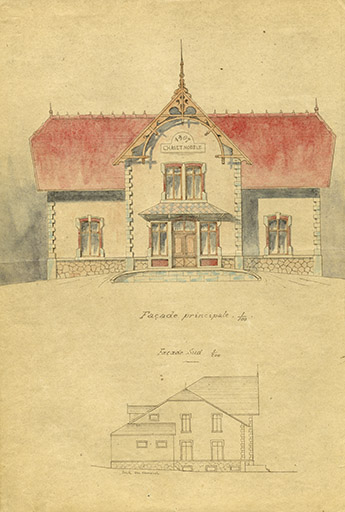 Projet de construction d'un chalet-modèle. Façade principale et façade sud, 1906. © Raphaël Favereaux / Région Bourgogne-Franche-Comté, Inventaire du patrimoine - 2019