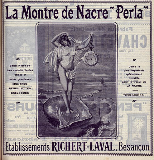 Montre de nacre Perla, publicité, 1910. © Raphaël Favereaux / Région Bourgogne-Franche-Comté, Inventaire du patrimoine - 2019 Montre de nacre Perla, publicité, 1910. © Raphaël Favereaux / Région Bourgogne-Franche-Comté, Inventaire du patrimoine - 2019