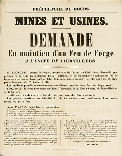 Mines et usines. Demande en maintien d'un feu de forge à l'usine de Liebvillers [affiche], 9 décembre 1852. © Sonia Dourlot / Région Bourgogne-Franche-Comté, Inventaire du patrimoine - 2019