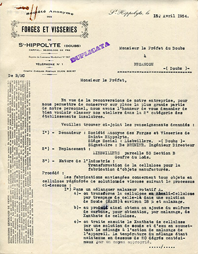 Papier à en-tête de la Société anonyme des Forges et Visseries de St-Hippolyte, 15 avril 1954. © Laurent Poupard / Région Bourgogne-Franche-Comté, Inventaire du patrimoine - 2019