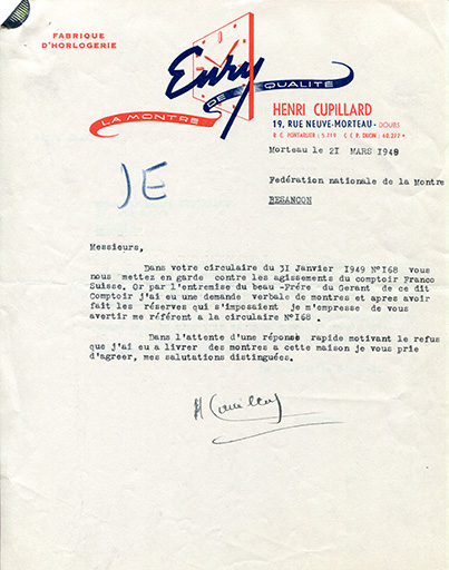 Papier à en-tête de la société Henri Cupillard, 21 mars 1948. © Laurent Poupard / Région Bourgogne-Franche-Comté, Inventaire du patrimoine - 2019