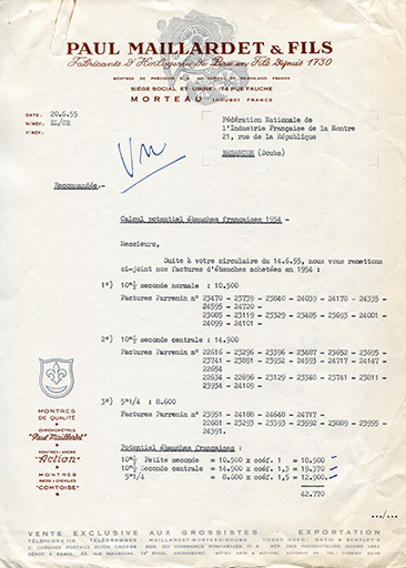 Papier à en-tête de la société Paul Maillardet et Fils, 20 juin 1955. © Laurent Poupard / Région Bourgogne-Franche-Comté, Inventaire du patrimoine - 2019 Papier à en-tête de la société Paul Maillardet et Fils, 20 juin 1955. © Laurent Poupard / Région Bourgogne-Franche-Comté, Inventaire du patrimoine - 2019