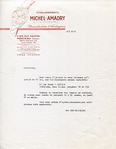 Papier à en-tête des Ets Michel-Amadry, mai 1963. © Laurent Poupard / Région Bourgogne-Franche-Comté, Inventaire du patrimoine - 2019