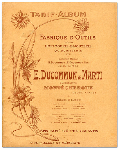Tarif-album [...] E. Ducommun & Marti successeurs [catalogue de production : 1ère de couverture], [années 1920-1930]. © Laurent Poupard / Région Bourgogne-Franche-Comté, Inventaire du patrimoine - 2019