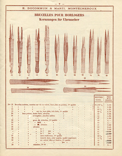 Tarif-album [...] E. Ducommun & Marti successeurs [catalogue de production, p. 7 : brucelles pour horlogers], [années 1920-1930]. © Laurent Poupard / Région Bourgogne-Franche-Comté, Inventaire du patrimoine - 2019