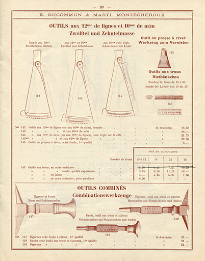 Tarif-album [...] E. Ducommun & Marti successeurs [catalogue de production, p. 21 : outils aux 12e et aux 10e, et outils combinés], [années 1920-1930]. © Laurent Poupard / Région Bourgogne-Franche-Comté, Inventaire du patrimoine - 2019