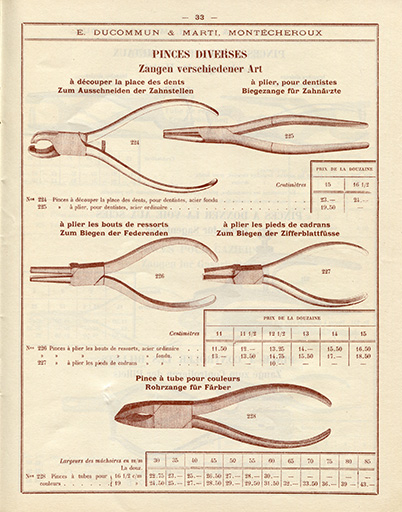 Tarif-album [...] E. Ducommun & Marti successeurs [catalogue de production, p. 33 : pinces diverses], [années 1920-1930]. © Laurent Poupard / Région Bourgogne-Franche-Comté, Inventaire du patrimoine - 2019