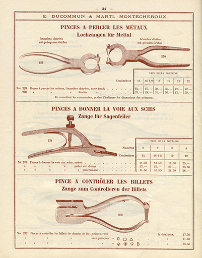 Tarif-album [...] E. Ducommun & Marti successeurs [catalogue de production, p. 34 : pinces diverses], [années 1920-1930]. © Laurent Poupard / Région Bourgogne-Franche-Comté, Inventaire du patrimoine - 2019