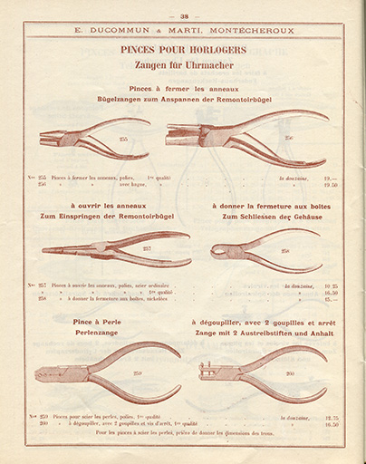 Tarif-album [...] E. Ducommun & Marti successeurs [catalogue de production, p. 38 : pinces pour horloger], [années 1920-1930]. © Laurent Poupard / Région Bourgogne-Franche-Comté, Inventaire du patrimoine - 2019