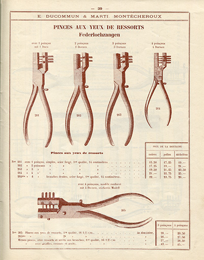 Tarif-album [...] E. Ducommun & Marti successeurs [catalogue de production, p. 39 : pinces pour horloger], [années 1920-1930]. © Laurent Poupard / Région Bourgogne-Franche-Comté, Inventaire du patrimoine - 2019