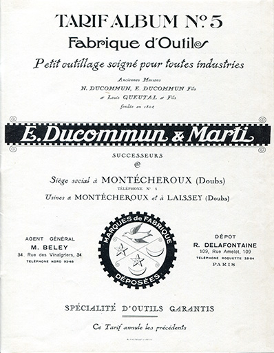 Tarif album n° 5. Fabrique d'outils E. Ducommun & Marti [catalogue de production : page de titre], [milieu 20e siècle]. © Laurent Poupard / Région Bourgogne-Franche-Comté, Inventaire du patrimoine - 2019