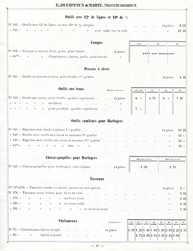 Tarif album n° 5. Fabrique d'outils E. Ducommun & Marti [catalogue de production, p. 17 : tarif d'outils d'horloger], [milieu 20e siècle]. © Laurent Poupard / Région Bourgogne-Franche-Comté, Inventaire du patrimoine - 2019