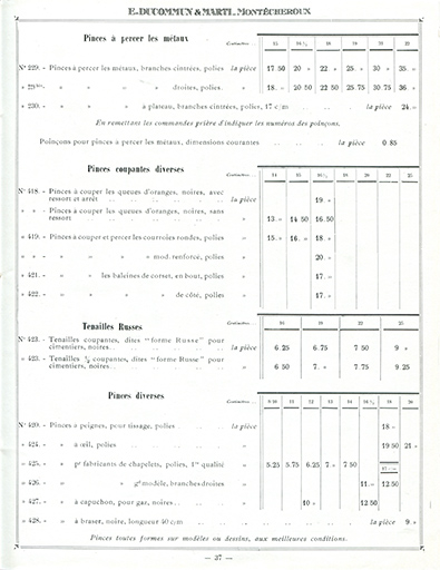 Tarif album n° 5. Fabrique d'outils E. Ducommun & Marti [catalogue de production, p. 37 : tarif de pinces et tenailles], [milieu 20e siècle]. © Laurent Poupard / Région Bourgogne-Franche-Comté, Inventaire du patrimoine - 2019
