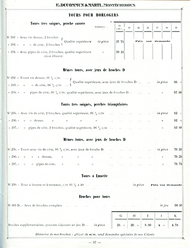 Tarif album n° 5. Fabrique d'outils E. Ducommun & Marti [catalogue de production, p. 57 : tarif de tours d'horloger et broches], [milieu 20e siècle]. © Laurent Poupard / Région Bourgogne-Franche-Comté, Inventaire du patrimoine - 2019