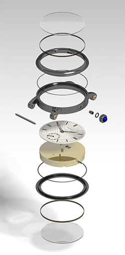 Montre-bracelet : présentation éclatée de l'habillage (sans identification des pièces). © William Berthet / Région Bourgogne-Franche-Comté, Inventaire du patrimoine - 2020