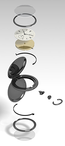 Montre de gousset : présentation éclatée de l'habillage (sans identification des pièces). © William Berthet / Région Bourgogne-Franche-Comté, Inventaire du patrimoine - 2020