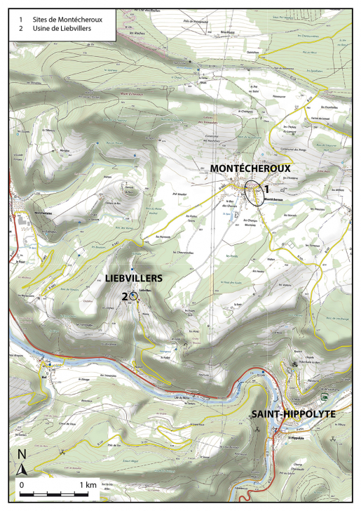 Carte de localisation des sites de Montécheroux et Liebvillers. Extrait de la carte IGN au 1/25 000. © Bertrand Turina / Région Bourgogne-Franche-Comté, Inventaire du patrimoine - 2020 Carte de localisation des sites de Montécheroux et Liebvillers. Extrait de la carte IGN au 1/25 000. © Bertrand Turina / Région Bourgogne-Franche-Comté, Inventaire du patrimoine - 2020