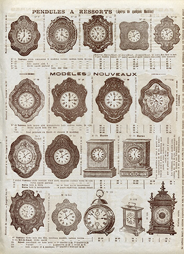 Exemples de pendule-borne. Page extraite d'un catalogue de la maison Gédéon Jobez, à Morez, [vers 1900], p. 2. © Laurent Poupard / Région Bourgogne-Franche-Comté, Inventaire du patrimoine - 2020